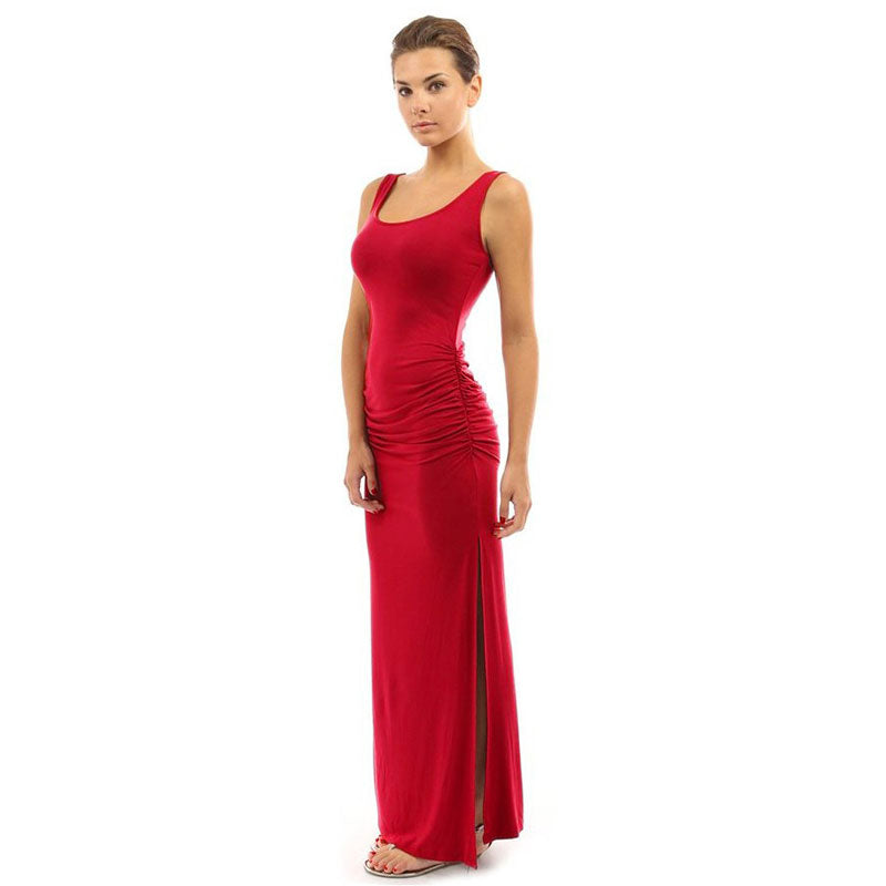 Vestido largo informal de color liso con abertura lateral y diseño de pliegues para mujer, tallas S-2XL