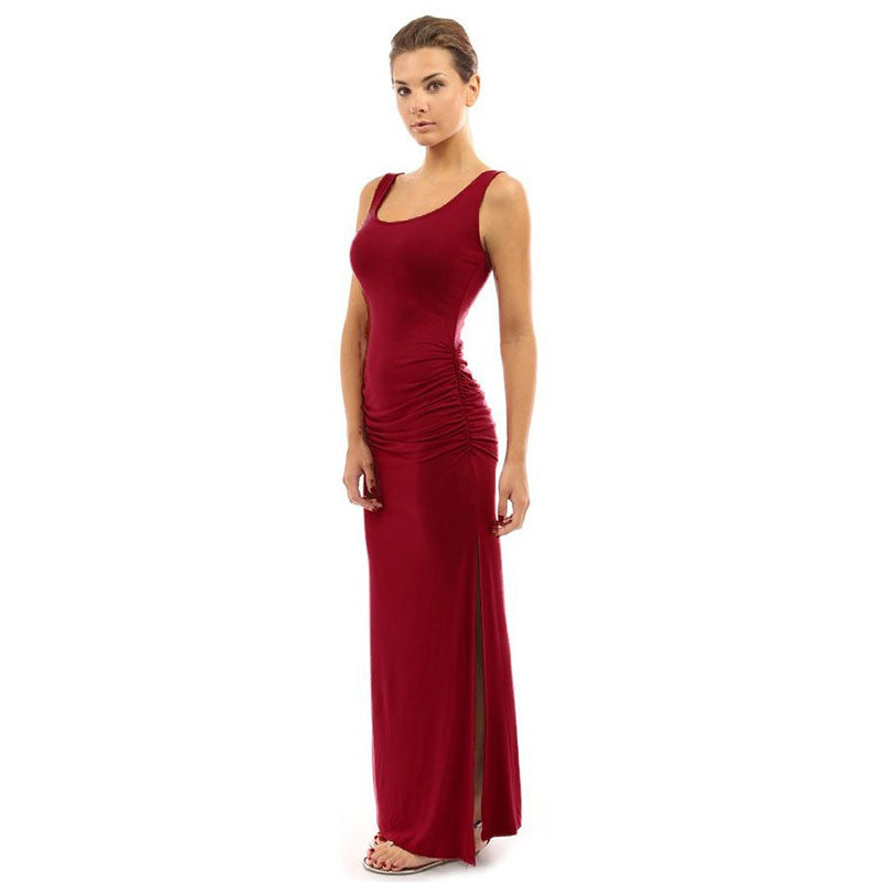 Vestido largo informal de color liso con abertura lateral y diseño de pliegues para mujer, tallas S-2XL