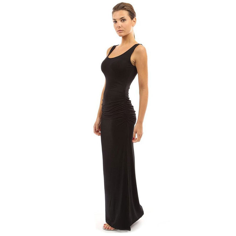Vestido largo informal de color liso con abertura lateral y diseño de pliegues para mujer, tallas S-2XL