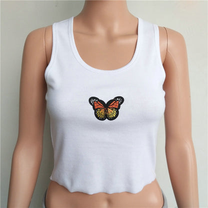 S-L Women Casual Rib-knit Butterfly Print Cropped Tank Top