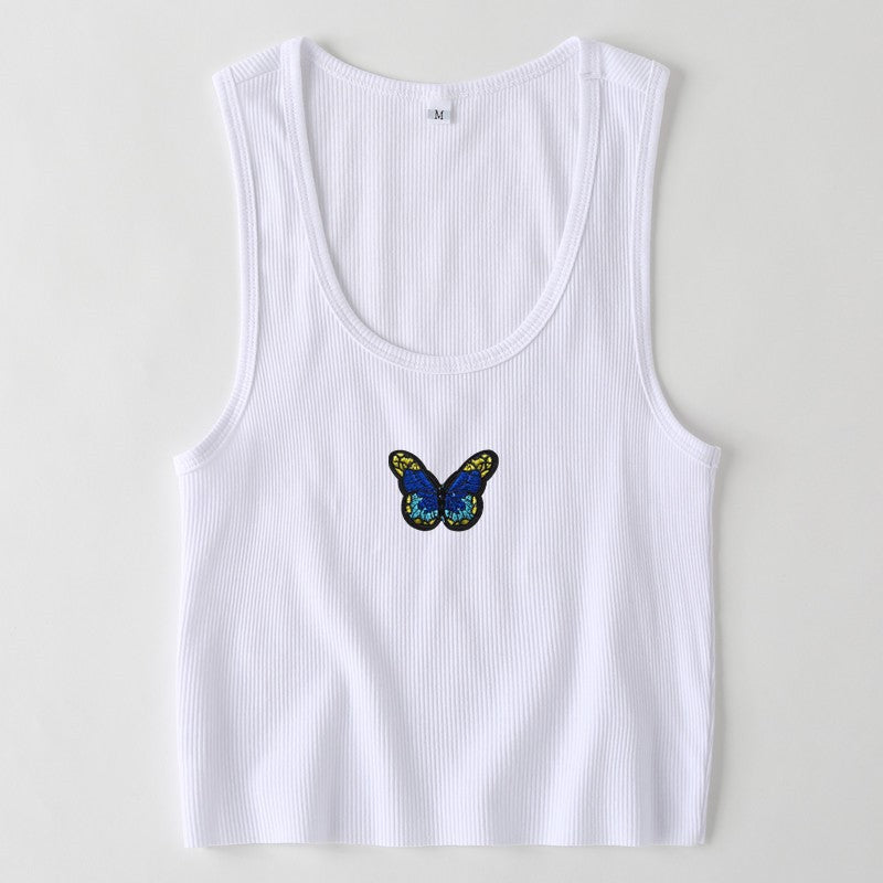 S-L Women Casual Rib-knit Butterfly Print Cropped Tank Top