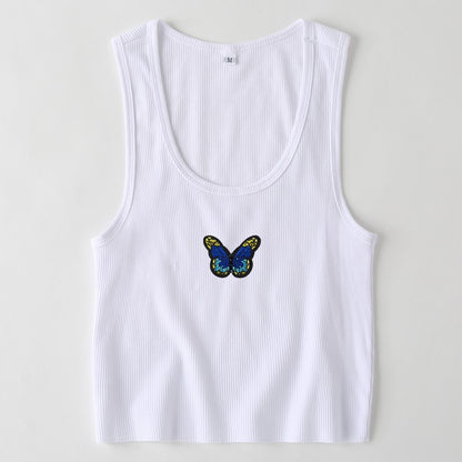 S-L Women Casual Rib-knit Butterfly Print Cropped Tank Top