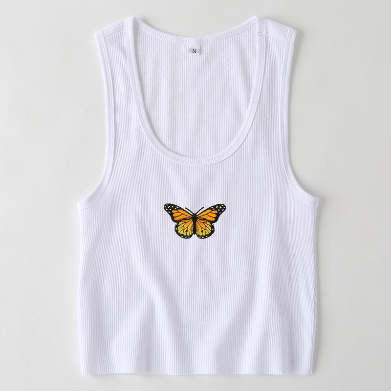 S-L Women Casual Rib-knit Butterfly Print Cropped Tank Top