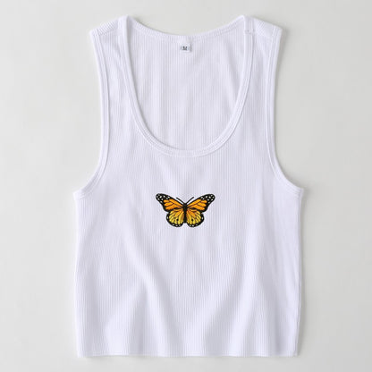 S-L Women Casual Rib-knit Butterfly Print Cropped Tank Top