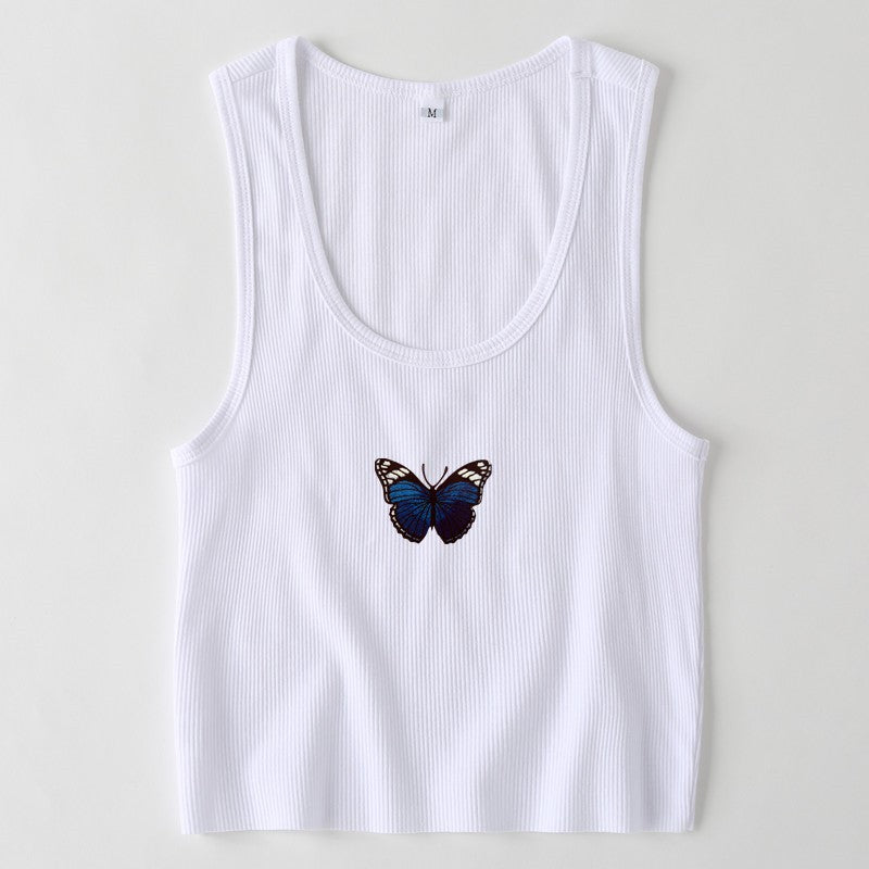 S-L Women Casual Rib-knit Butterfly Print Cropped Tank Top