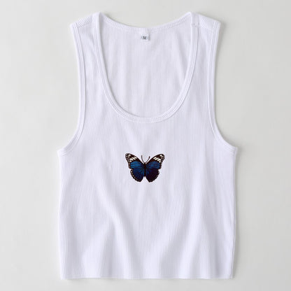 S-L Women Casual Rib-knit Butterfly Print Cropped Tank Top
