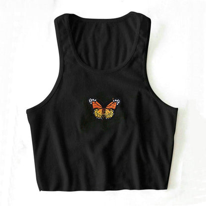 S-L Women Casual Rib-knit Butterfly Print Cropped Tank Top