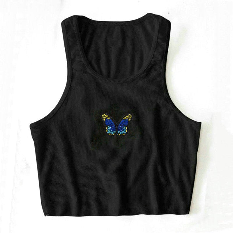 S-L Women Casual Rib-knit Butterfly Print Cropped Tank Top