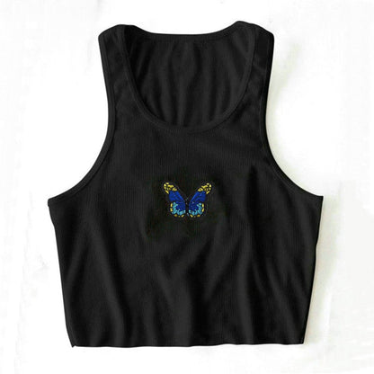 S-L Women Casual Rib-knit Butterfly Print Cropped Tank Top