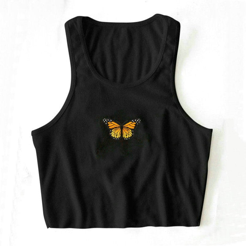 S-L Women Casual Rib-knit Butterfly Print Cropped Tank Top