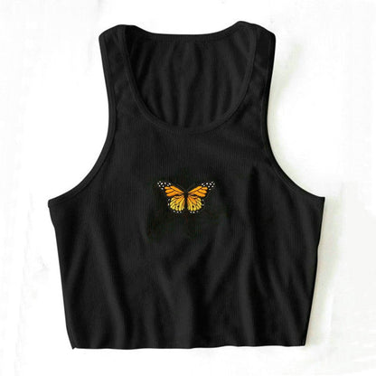 S-L Women Casual Rib-knit Butterfly Print Cropped Tank Top