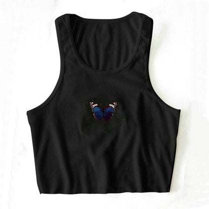 S-L Women Casual Rib-knit Butterfly Print Cropped Tank Top