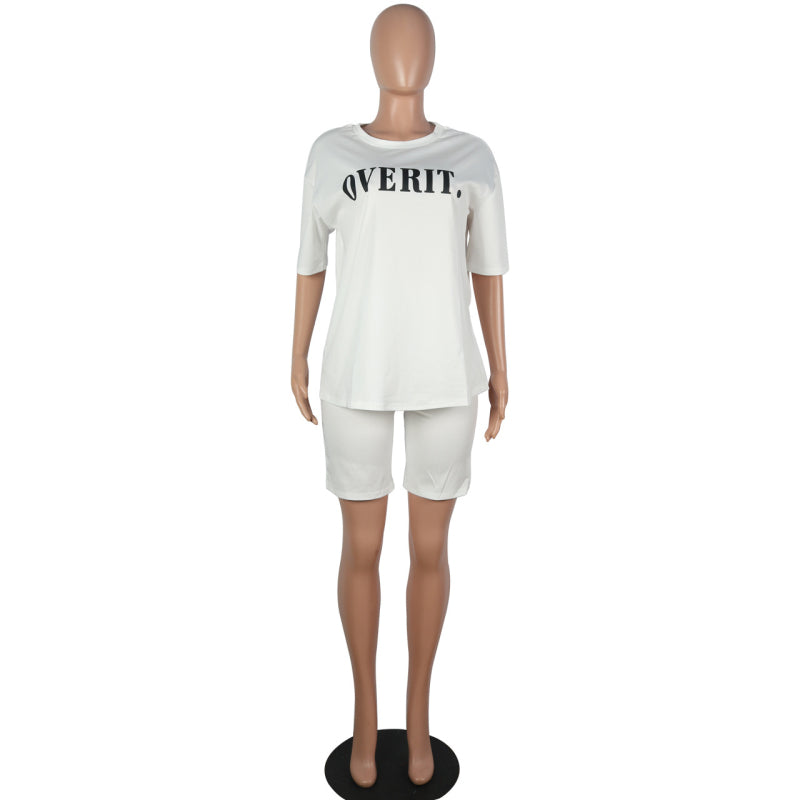 Conjunto de 2 piezas de camiseta informal de manga corta con estampado de letras y pantalones cortos ajustados para mujer, tallas S-XXL
