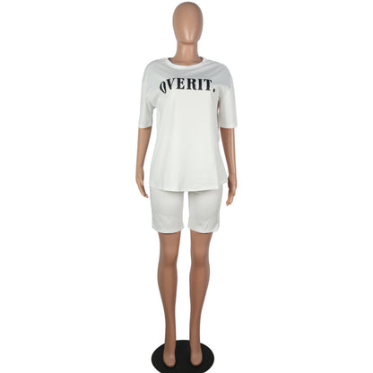 Conjunto de 2 piezas de camiseta informal de manga corta con estampado de letras y pantalones cortos ajustados para mujer, tallas S-XXL