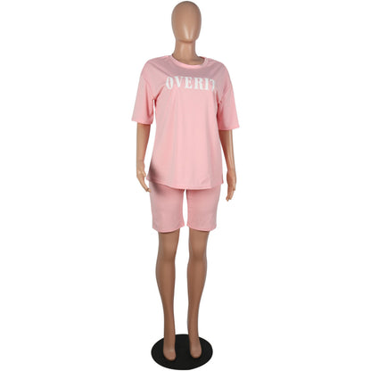 Conjunto de 2 piezas de camiseta informal de manga corta con estampado de letras y pantalones cortos ajustados para mujer, tallas S-XXL
