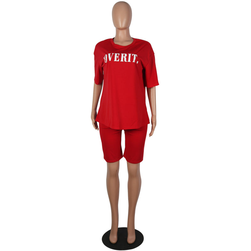 Conjunto de 2 piezas de camiseta informal de manga corta con estampado de letras y pantalones cortos ajustados para mujer, tallas S-XXL