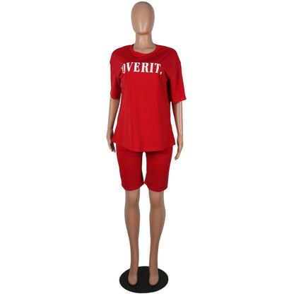 Conjunto de 2 piezas de camiseta informal de manga corta con estampado de letras y pantalones cortos ajustados para mujer, tallas S-XXL