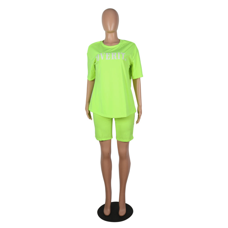 Conjunto de 2 piezas de camiseta informal de manga corta con estampado de letras y pantalones cortos ajustados para mujer, tallas S-XXL