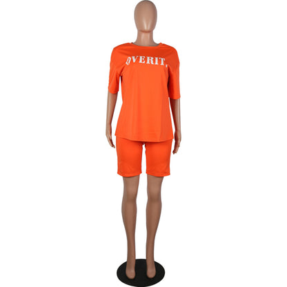 Conjunto de 2 piezas de camiseta informal de manga corta con estampado de letras y pantalones cortos ajustados para mujer, tallas S-XXL