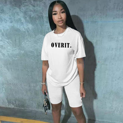 Conjunto de 2 piezas de camiseta informal de manga corta con estampado de letras y pantalones cortos ajustados para mujer, tallas S-XXL