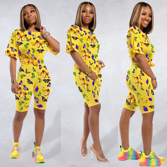 Conjunto de 2 piezas de camiseta y pantalones cortos de manga corta con estampado de mariposas de colores brillantes para mujer, tallas S-XXL
