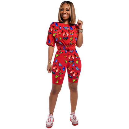 Conjunto de 2 piezas de camiseta y pantalones cortos de manga corta con estampado de mariposas de colores brillantes para mujer, tallas S-XXL