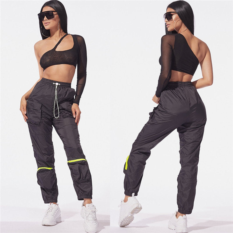 Conjunto de 2 piezas de top corto y pantalones cargo informales con cortes en color neón para mujer, tallas S-XL