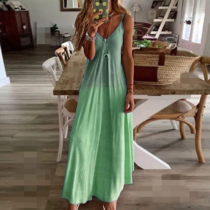 S-5XL Fashion Gradient Color V-neck Sleeveless Maxi Casual Sling Dress