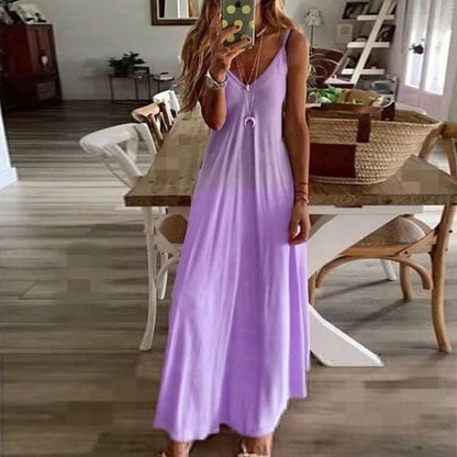 S-5XL Fashion Gradient Color V-neck Sleeveless Maxi Casual Sling Dress