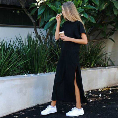 S-XL Women Solid Color Round Collar Short-sleeve Side-slit Casual Dress