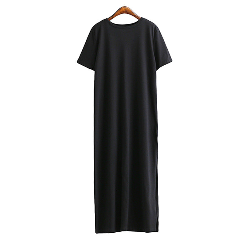 S-XL Women Solid Color Round Collar Short-sleeve Side-slit Casual Dress