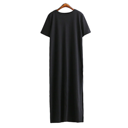 S-XL Women Solid Color Round Collar Short-sleeve Side-slit Casual Dress