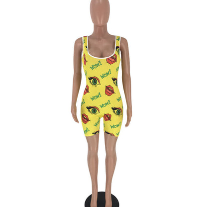 S-XL Sexy Deep U-neck Sleeveless Graphic Print Casual Rompers