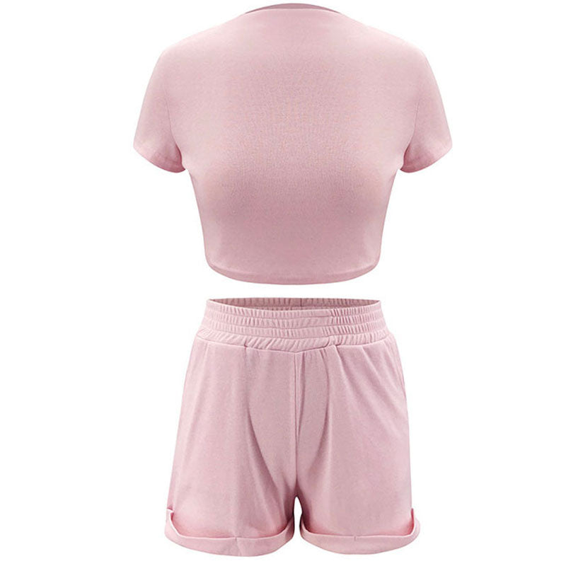 S-XL Solid Color Casual Short-sleeve Crop Top And Curling Patchwork Shorts Two-piece Sets