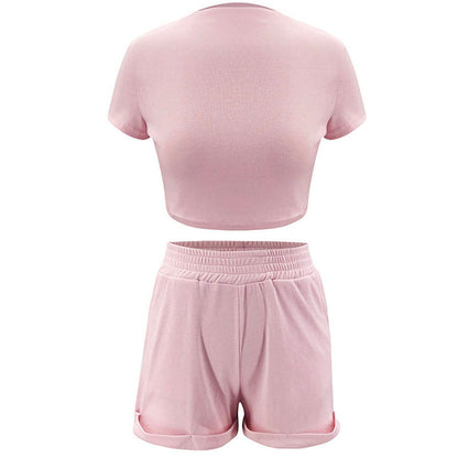 S-XL Solid Color Casual Short-sleeve Crop Top And Curling Patchwork Shorts Two-piece Sets