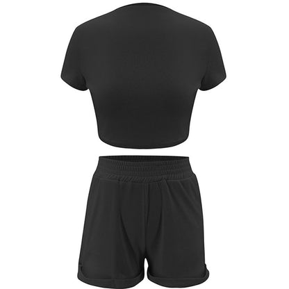 S-XL Solid Color Casual Short-sleeve Crop Top And Curling Patchwork Shorts Two-piece Sets