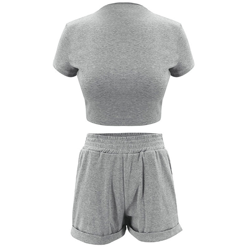 S-XL Solid Color Casual Short-sleeve Crop Top And Curling Patchwork Shorts Two-piece Sets