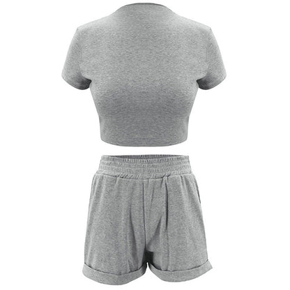 S-XL Solid Color Casual Short-sleeve Crop Top And Curling Patchwork Shorts Two-piece Sets