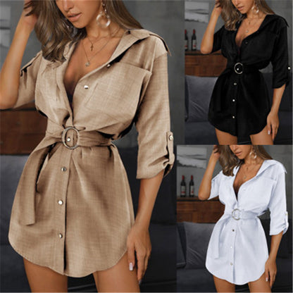 S-3XL Women Casual V Neck Long-sleeve Buttoned Shirt Mini Dress