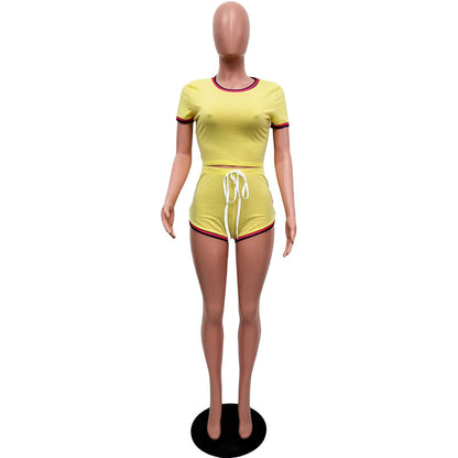 Conjunto de 2 piezas de top informal a rayas de manga corta y pantalones cortos con cordones para mujer, tallas S-XXL