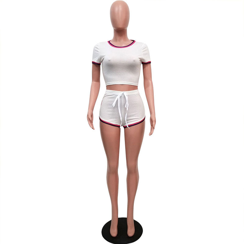 Conjunto de 2 piezas de top informal a rayas de manga corta y pantalones cortos con cordones para mujer, tallas S-XXL