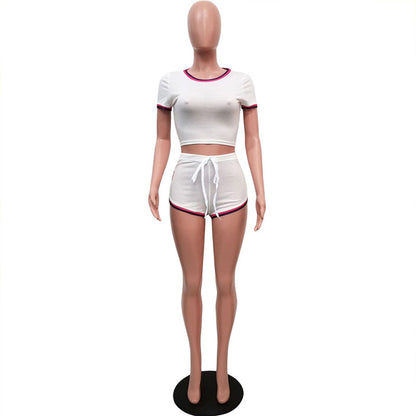 Conjunto de 2 piezas de top informal a rayas de manga corta y pantalones cortos con cordones para mujer, tallas S-XXL