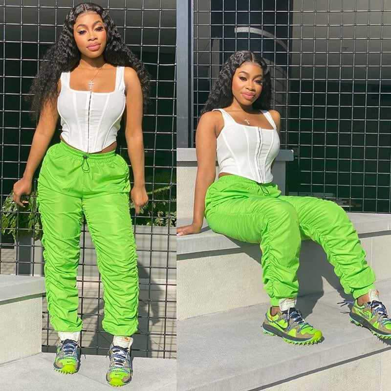 S-3XL Women Casual Neon Color Pleated Streetstyle Trousers