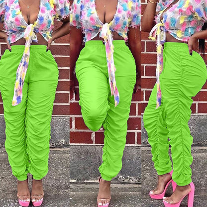 S-3XL Women Casual Neon Color Pleated Streetstyle Trousers