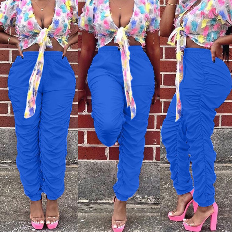 S-3XL Women Casual Neon Color Pleated Streetstyle Trousers