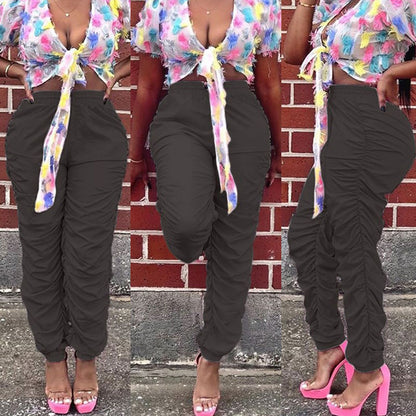 S-3XL Women Casual Neon Color Pleated Streetstyle Trousers