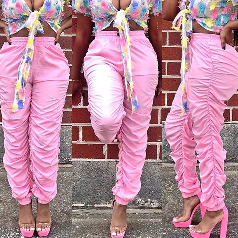 S-3XL Women Casual Neon Color Pleated Streetstyle Trousers