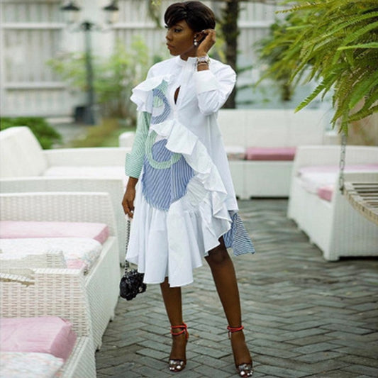 S-XL Women Casual Long Sleeve Fringe Patchwork Ruffled Shirt Dress