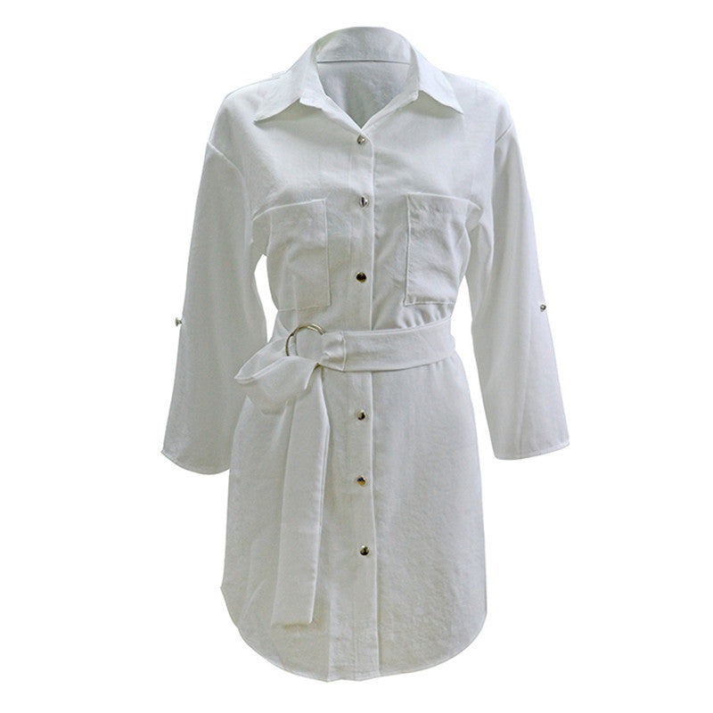 S-3XL Women Casual V Neck Long-sleeve Buttoned Shirt Mini Dress