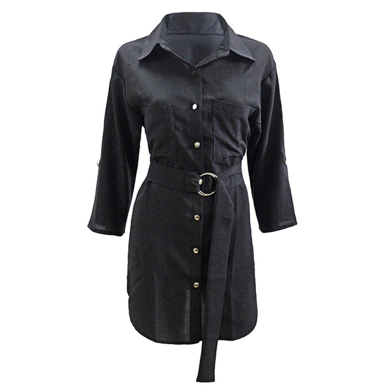 S-3XL Women Casual V Neck Long-sleeve Buttoned Shirt Mini Dress